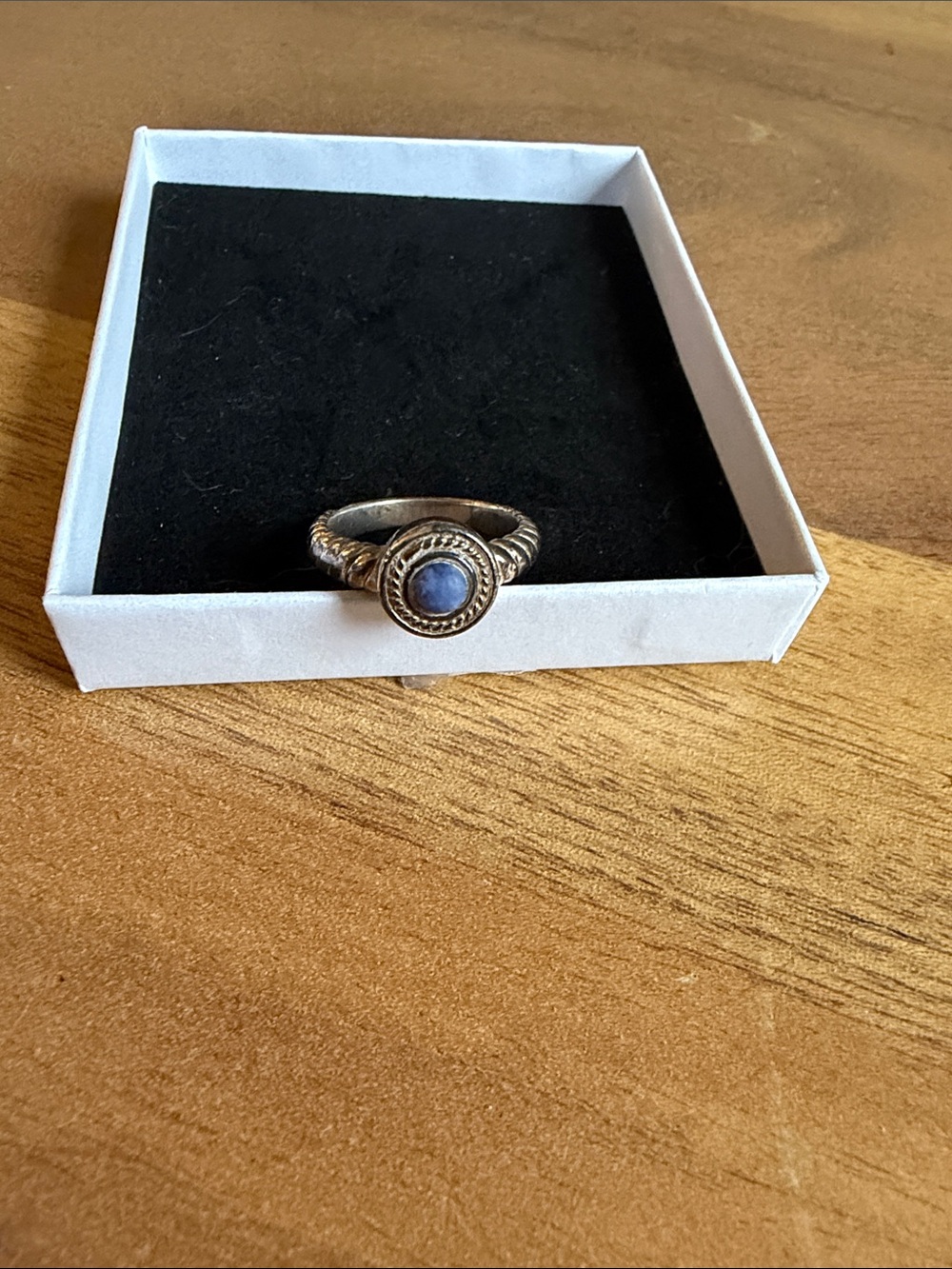 Sterling-Style Silver Ring with Blue Cabochon and Rope Detailing